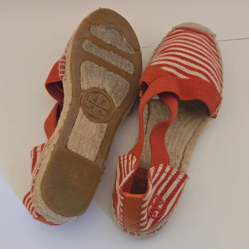 Tory Burch Striped Canvas Espadrille Flats Red White Elastic Straps Womens 7M
